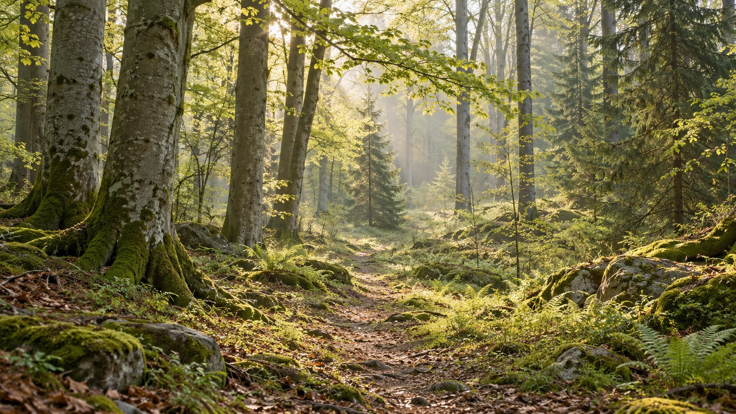 Eine ruhige Waldlichtung mit Moos, Farnen und sanftem Licht zwischen den Bäumen