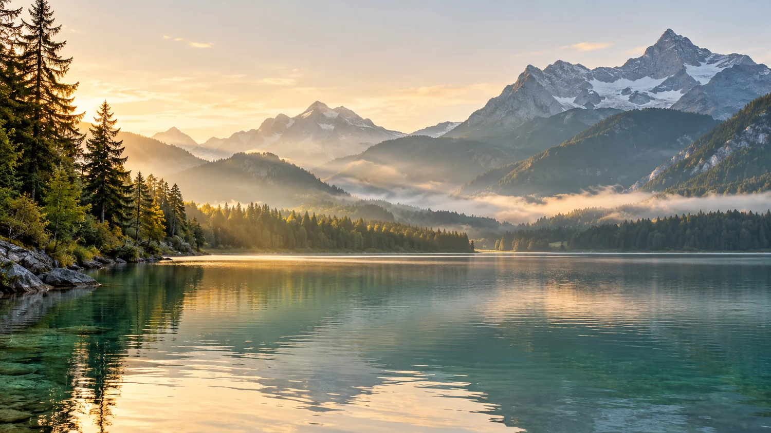 Ein stiller Bergsee, umgeben von Tannen und Bergen im warmen Licht